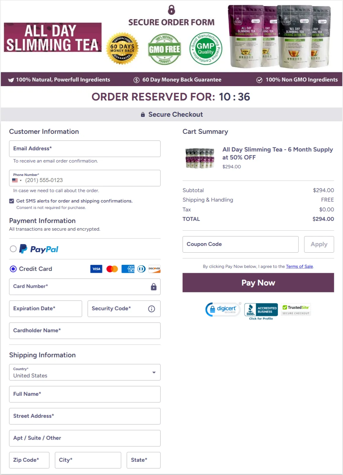All Day Slimming Tea checkout page